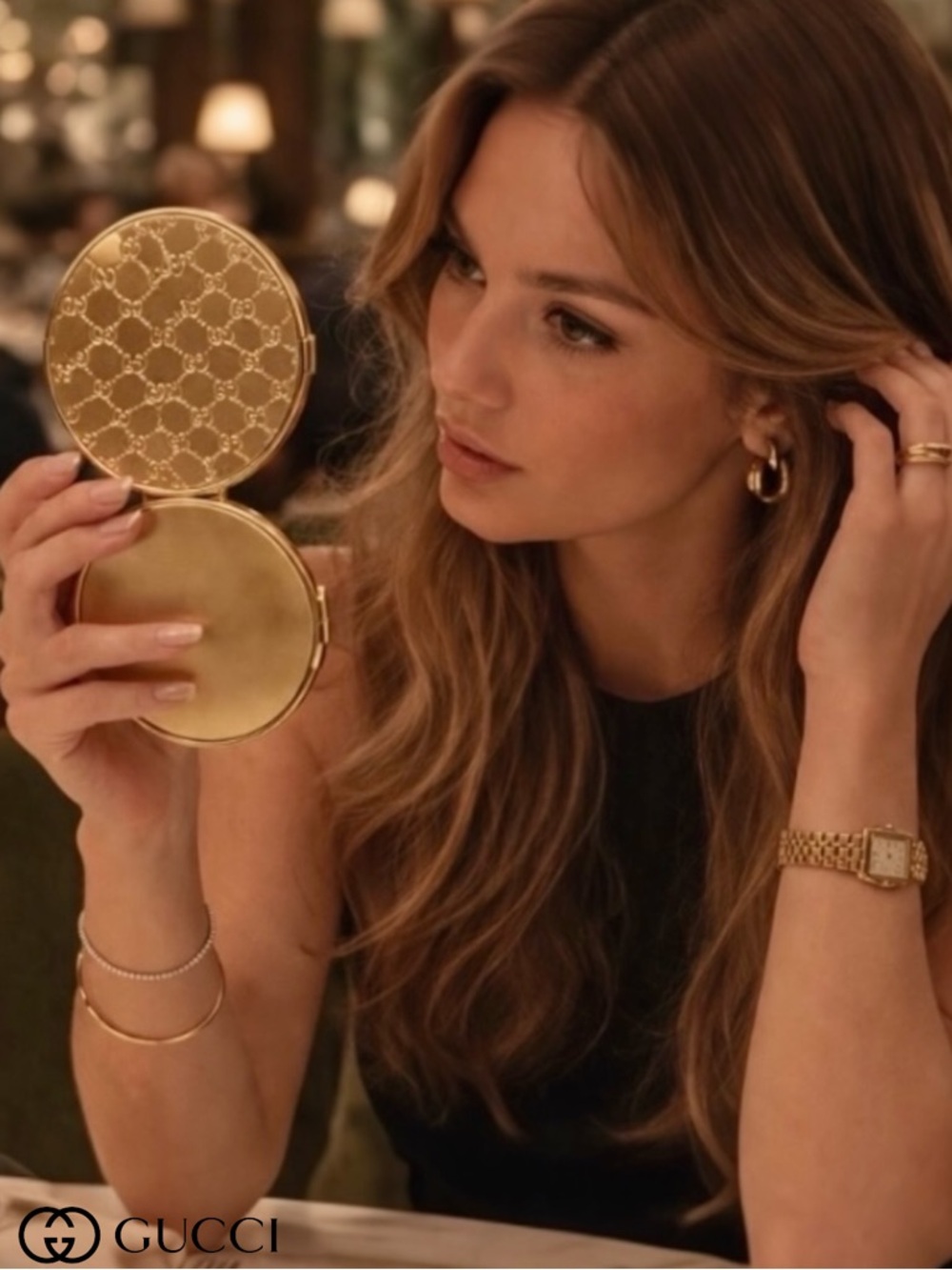 Authentic Gucci Gold Compact Powder Mirror with Signature Motif